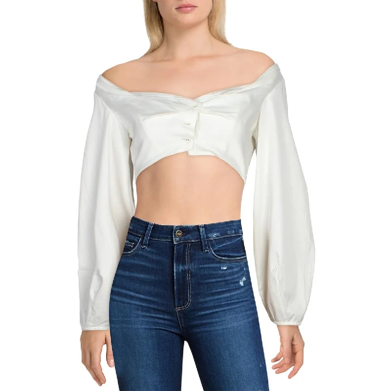 Cult Gaia Womens Mavis Button-Down Gathered Crop Top Mesh Blend Leather Blend Suede Blend Cult Gaia Womens Mavis Button-Down Gathered Crop Top Mesh Blend Leather Blend Suede Blend